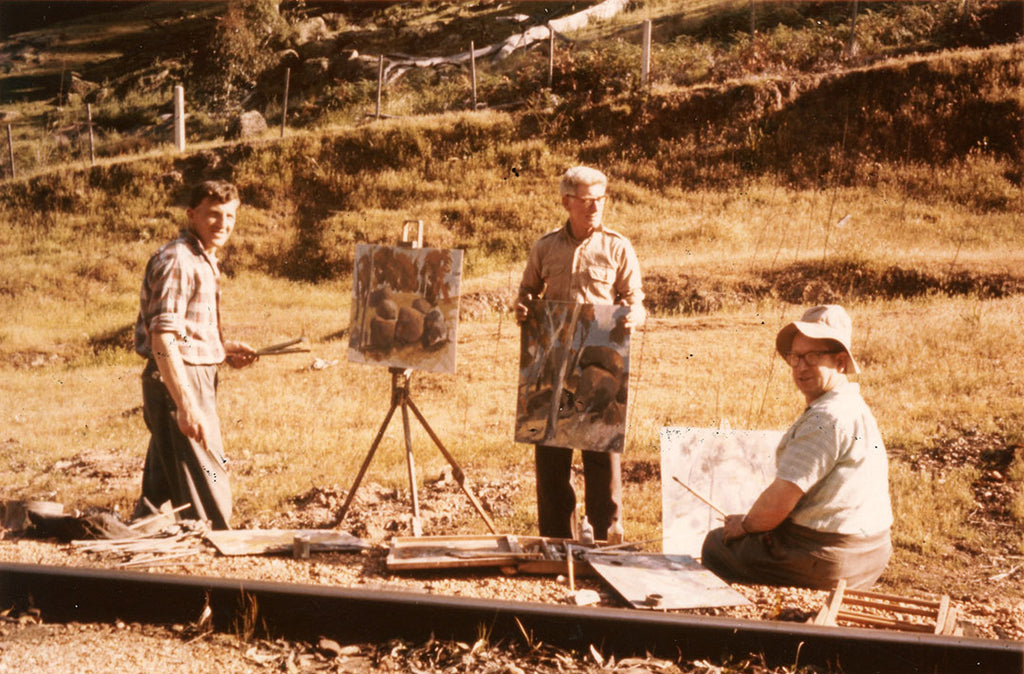 John Borrack, ‘Jock’ Frater and George Christiansen painting at Trawool, Vic. 1959. Photograph: George Christiansen