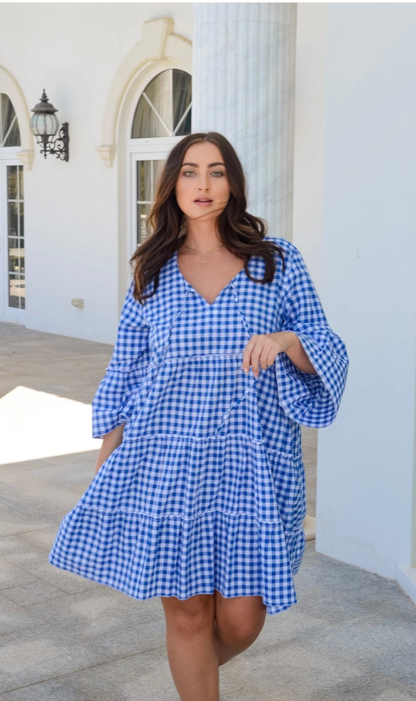 Ingrid Tiered Dress in Sky Gingham