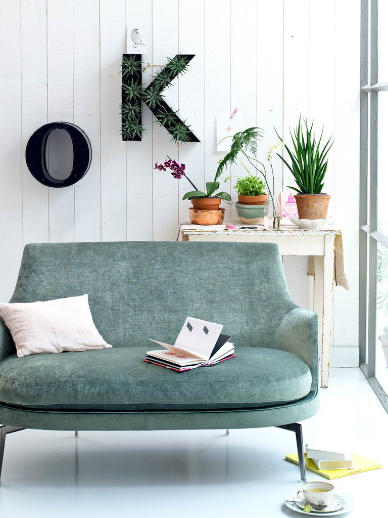 Sofa with small table and fake plants 