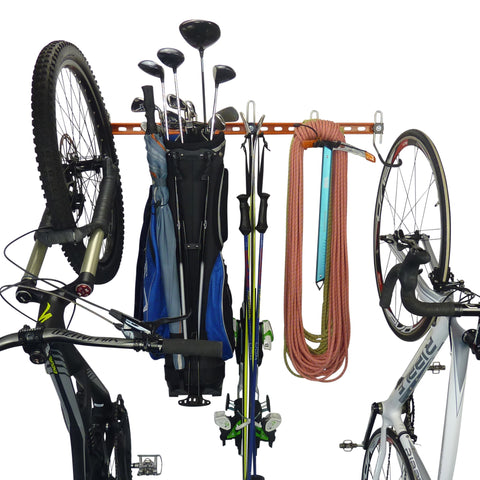bike storage rack, golf bag rack, ski rack, climbing gear rack, road bike rack