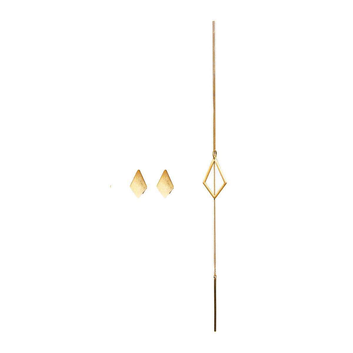 Gold Plated Set Diamond Shaped Studs & Drop Chain Earring Gold Plated Set Diamond Shaped Studs & Drop Chain Earring-Dutch Basics-JewelStreet EU