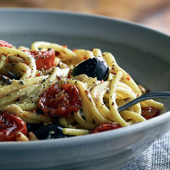 spaghetti with olives, tomatoes and black truffle mustard