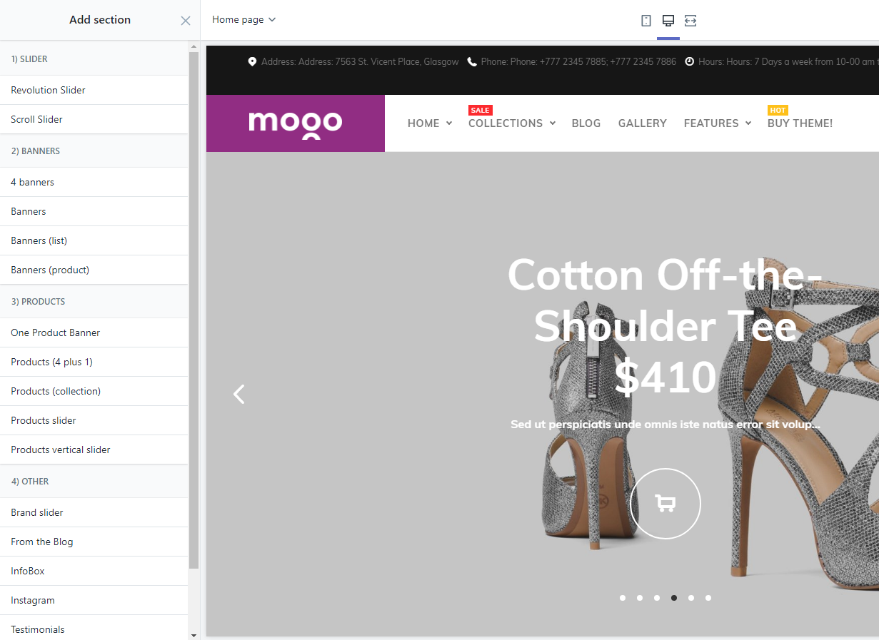 Sections, MOGO Shopify theme