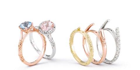 yellow gold, rose gold, white gold, alternative metal engagement rings lined up