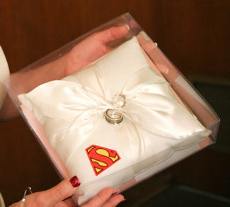 Superman wedding ring bearer pillow FunWeddingThings.com superhero bridal fun items
