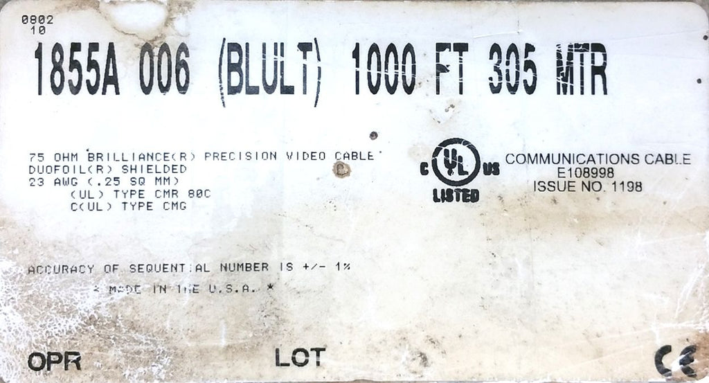 25' Belden 1855A Azul 75 Ohm Sub-Miniatura RG59/U Tipo Mini Cable Coaxial 25 pies 