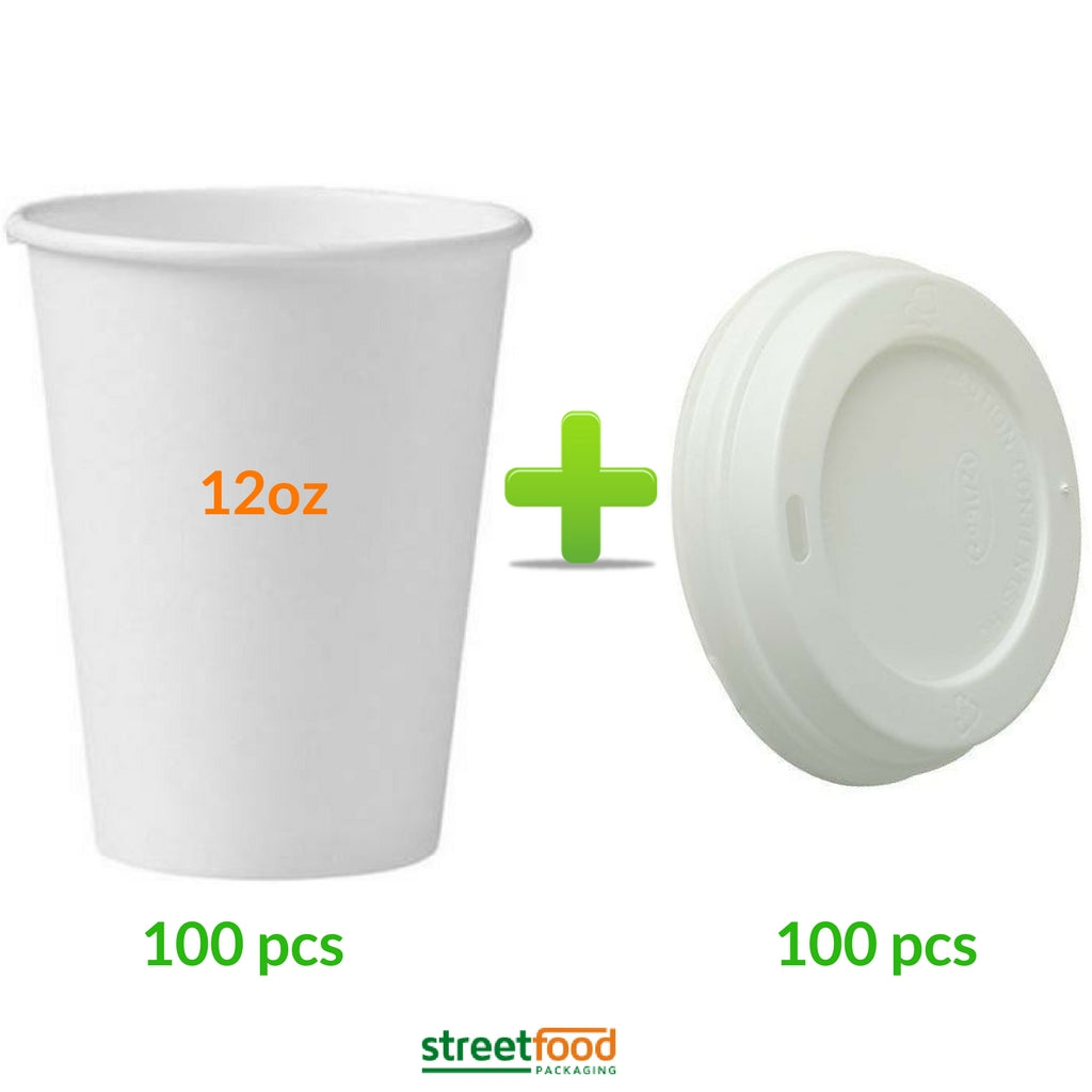 12oz White Disposable Coffee Cup- Single wall bundle with White Lids