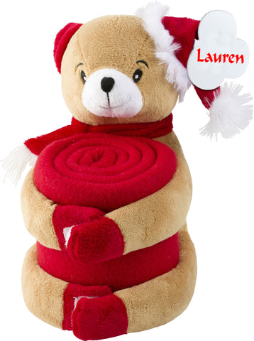 Personalised plush bear with personalised red fleece blanket
