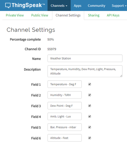 ThingSpeak Channel setting menu