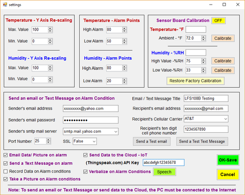 Model LFS108B, Ambient Temperature, Relative Humidity Settings menu Software