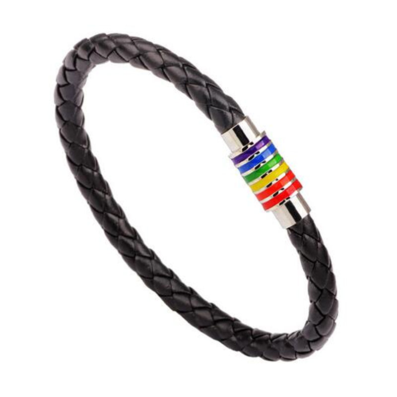 GayPride-LGBT Stainless Steel Rainbow Magnetic Clasp Real Black Leather Bracelet 