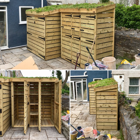 Matching bin storage and bike storage units in Swansea. Both have a living green sedum roof, and are made from pressure treated wood for a long life