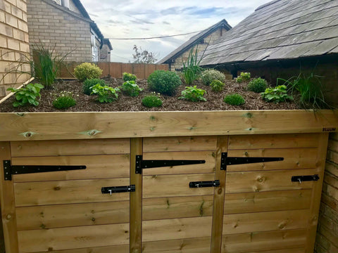 Bespoke storage for two wheelie bins, three recycling boxes and a living roof filled with alpines, strawberries and herbs