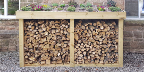 Bespoke log firewood storage box with living green roof plant area