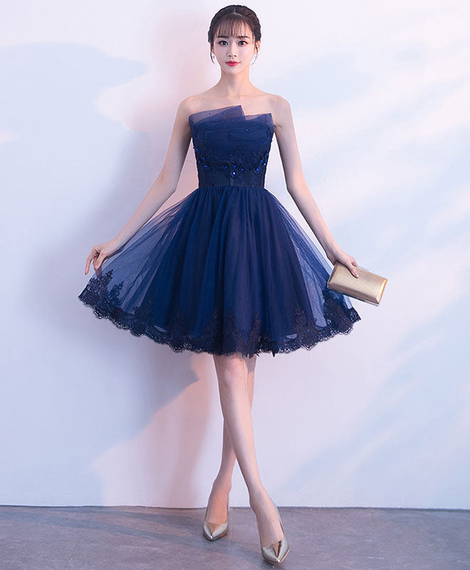 Cute dark blue tulle lace short prom dress, homecoming dress