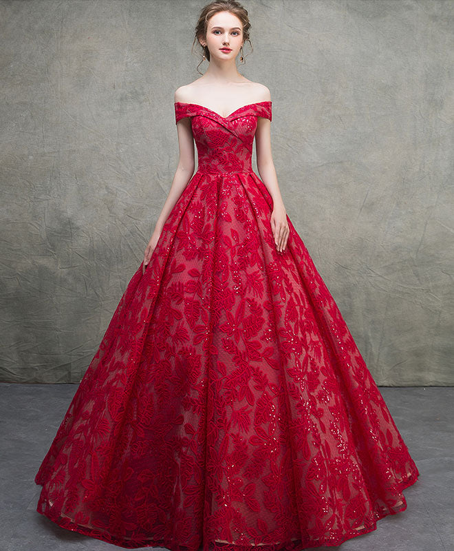 red lace off the shoulder prom dress