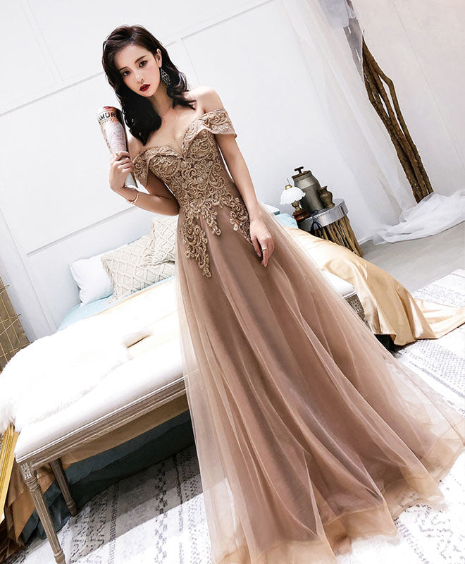 champagne off the shoulder prom dress