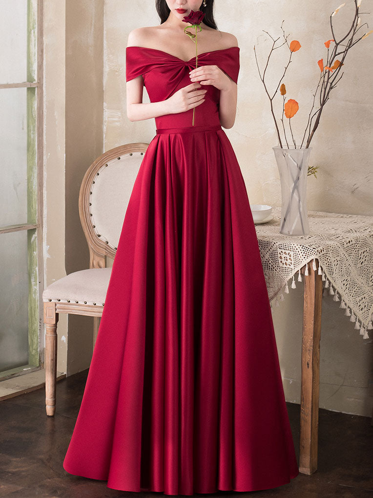 Simple A-line Red Satin Long Prom Dress Red Bridesmaid Dress –