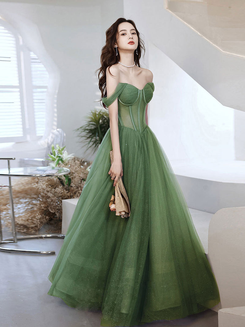 Green Sweetheart Neck Tulle Long Prom Dress, Green A line Formal ...