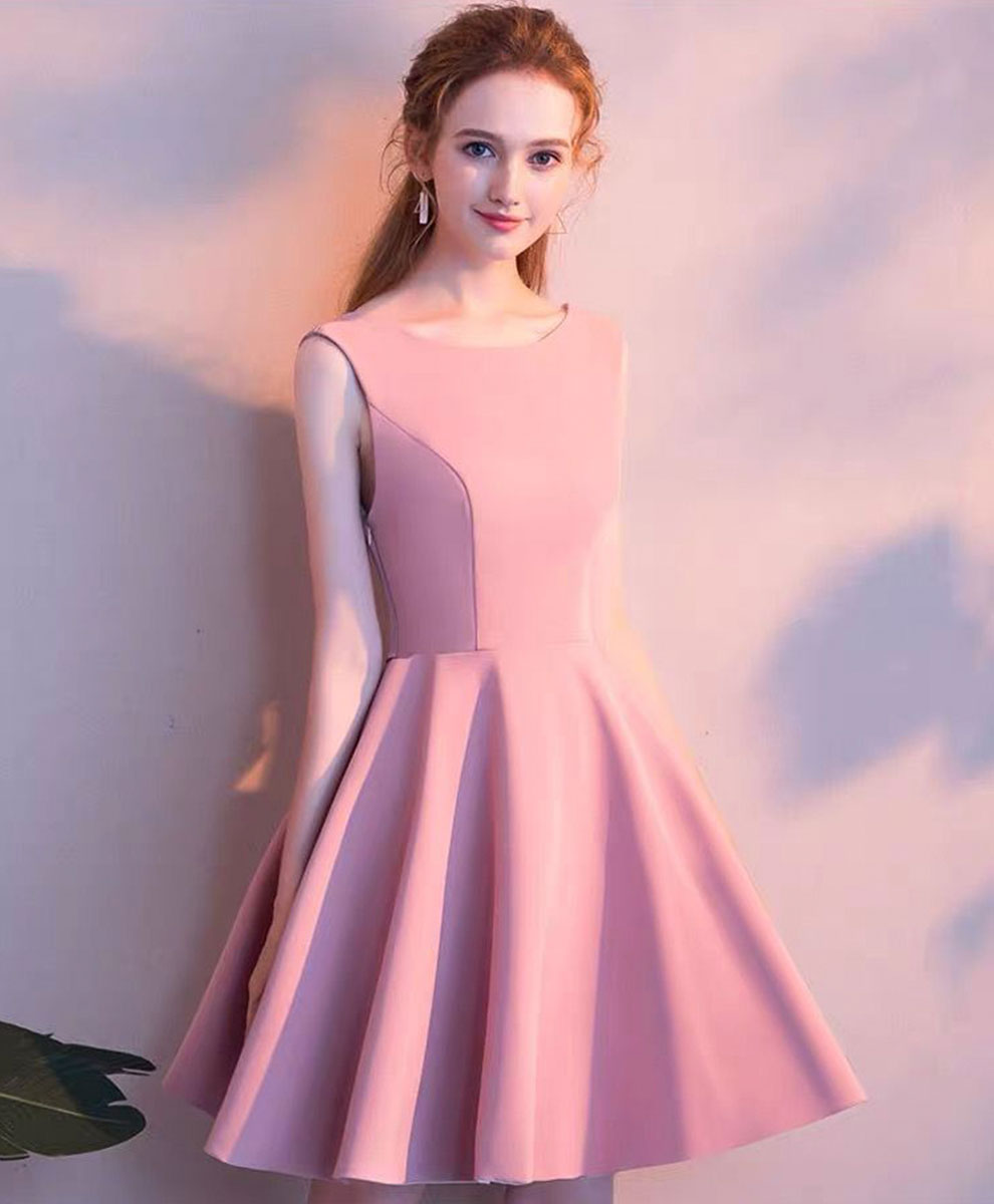 Simple pink satin short prom dress pink satin homecoming dress