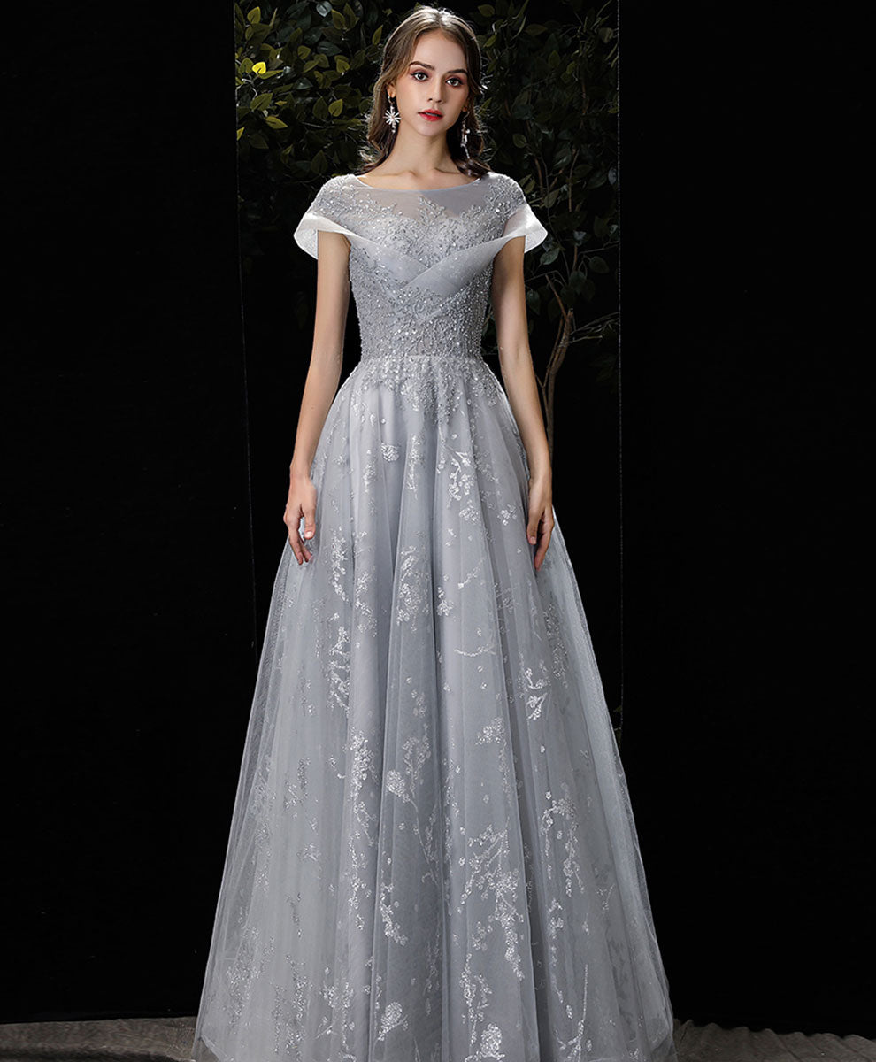Gray round neck tulle lace long prom dress gray tulle formal dress
