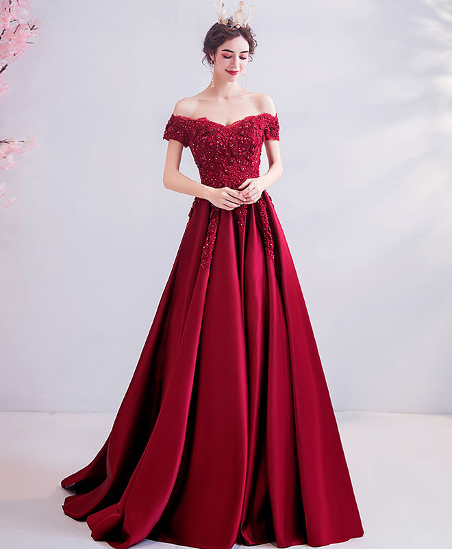 off shoulder maroon gown