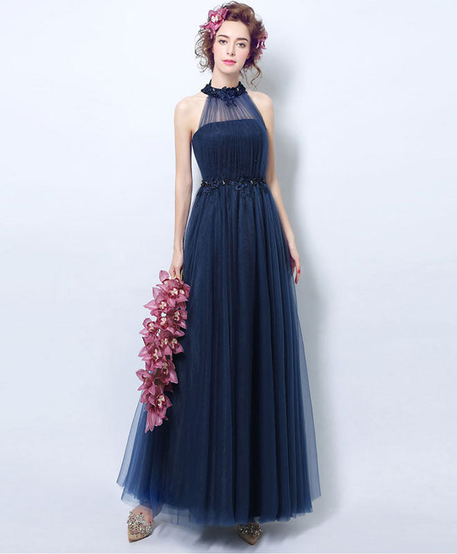 Simple blue tulle tea long prom dress, blue evening dress