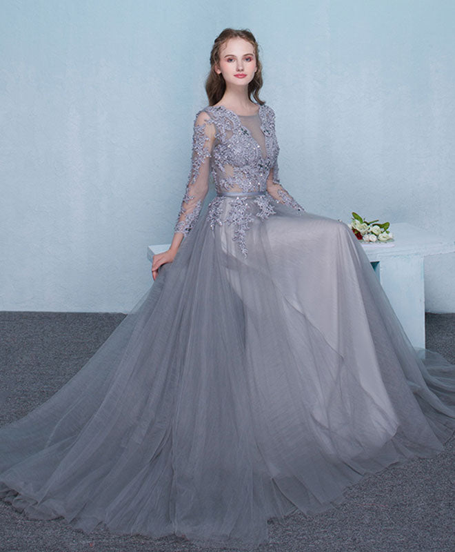 gray evening gowns with sleeves