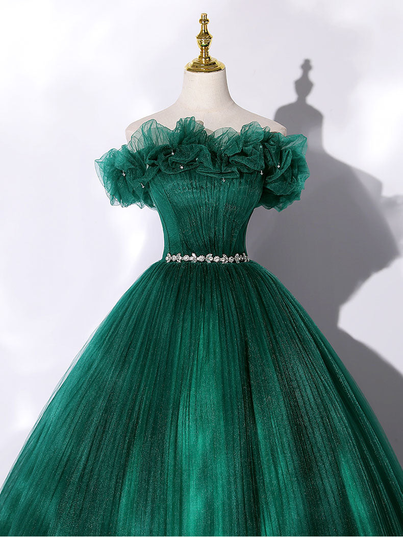 Green Off Shoulder Tulle Long Prom Dress, Green Sweet 16 Dress ...