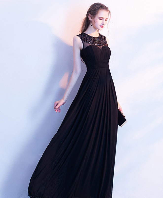 Elegant black chiffon long prom dress 