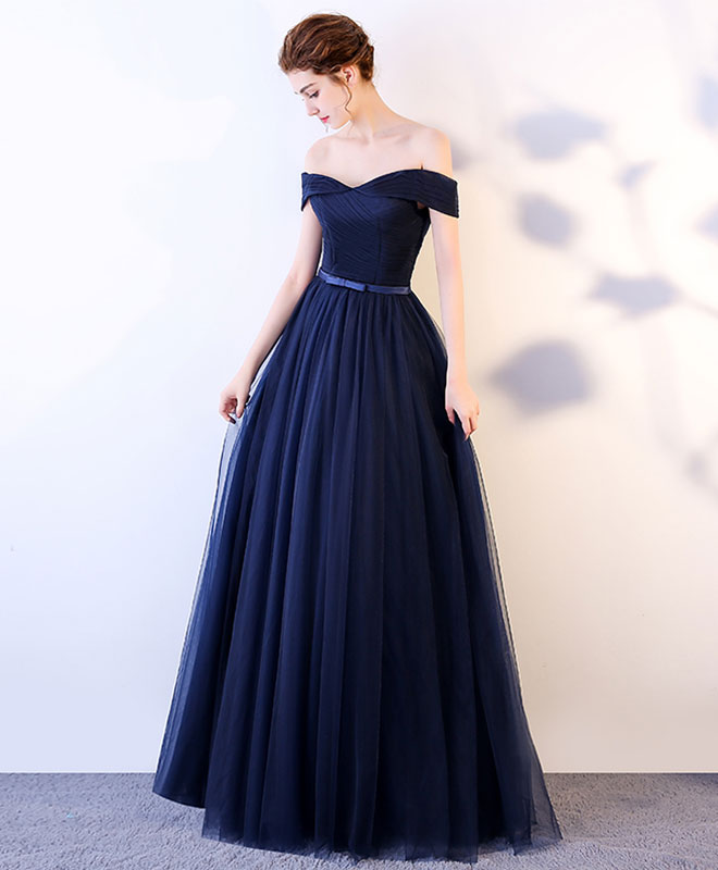 navy tulle prom dress