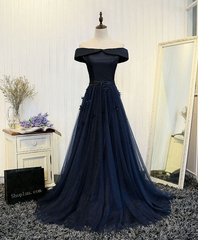 off shoulder dark blue dress