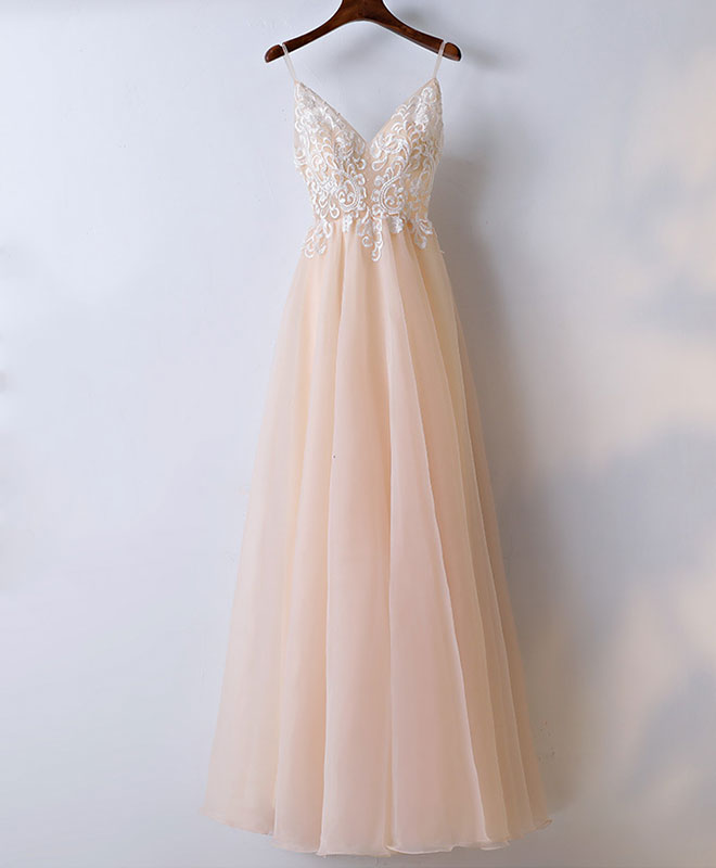 Champagne v neck tulle long prom dress, lace evening dress