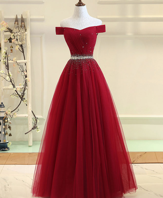 burgundy tulle prom dress