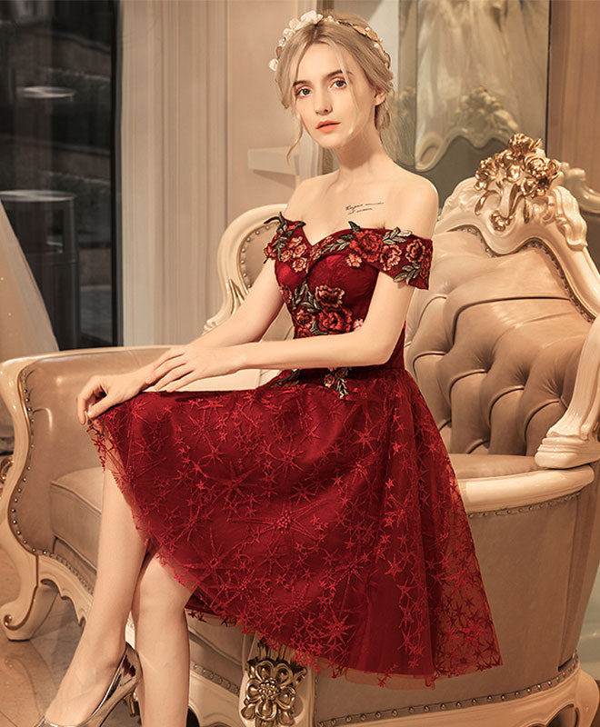 burgundy off the shoulder prom dress