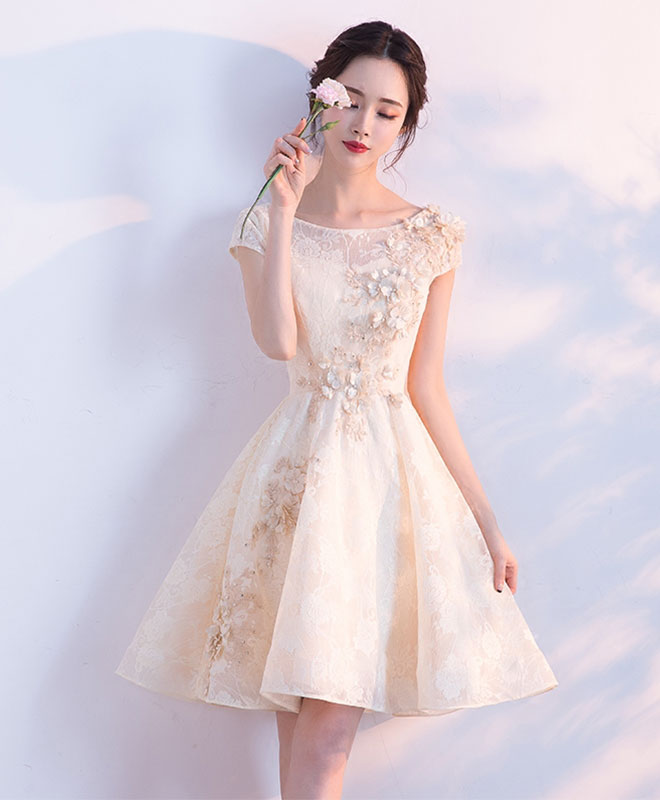 Champagne A-line tulle lace short prom dress, Champagne evening dress