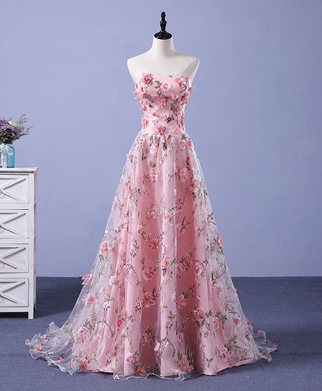 Pink tulle 3D flowers long prom dress 
