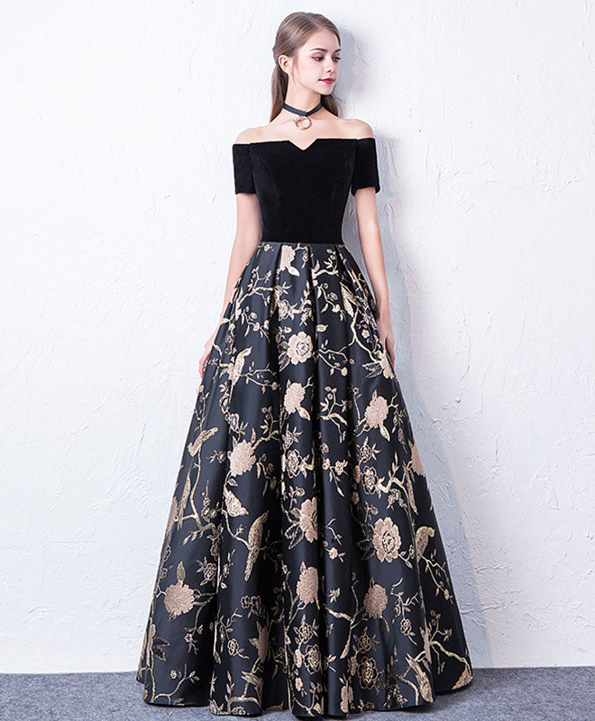 off the shoulder black evening dress