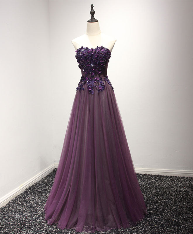 Pruple sweetheart neck lace long prom dress, formal dress