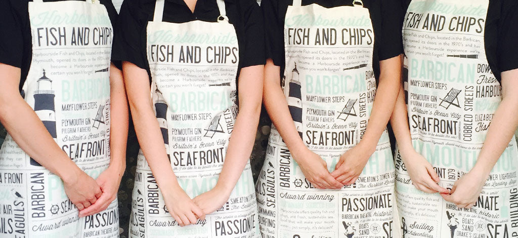 Harbourside fish and chip shop apron by Victoria Eggs