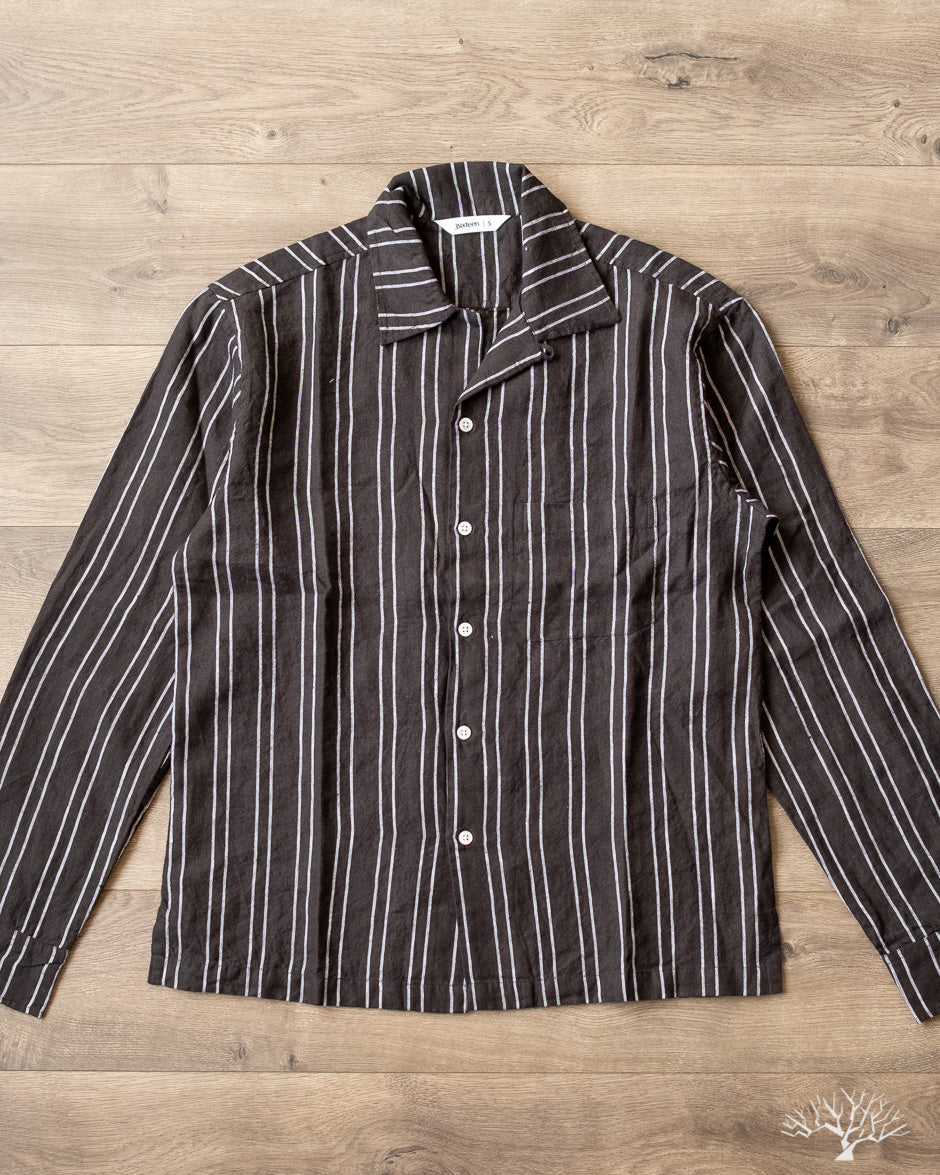 Long Sleeve Open Collar Shirt Striped Linen - Black