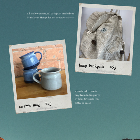 hemp backpack $63, ceramic mug $15