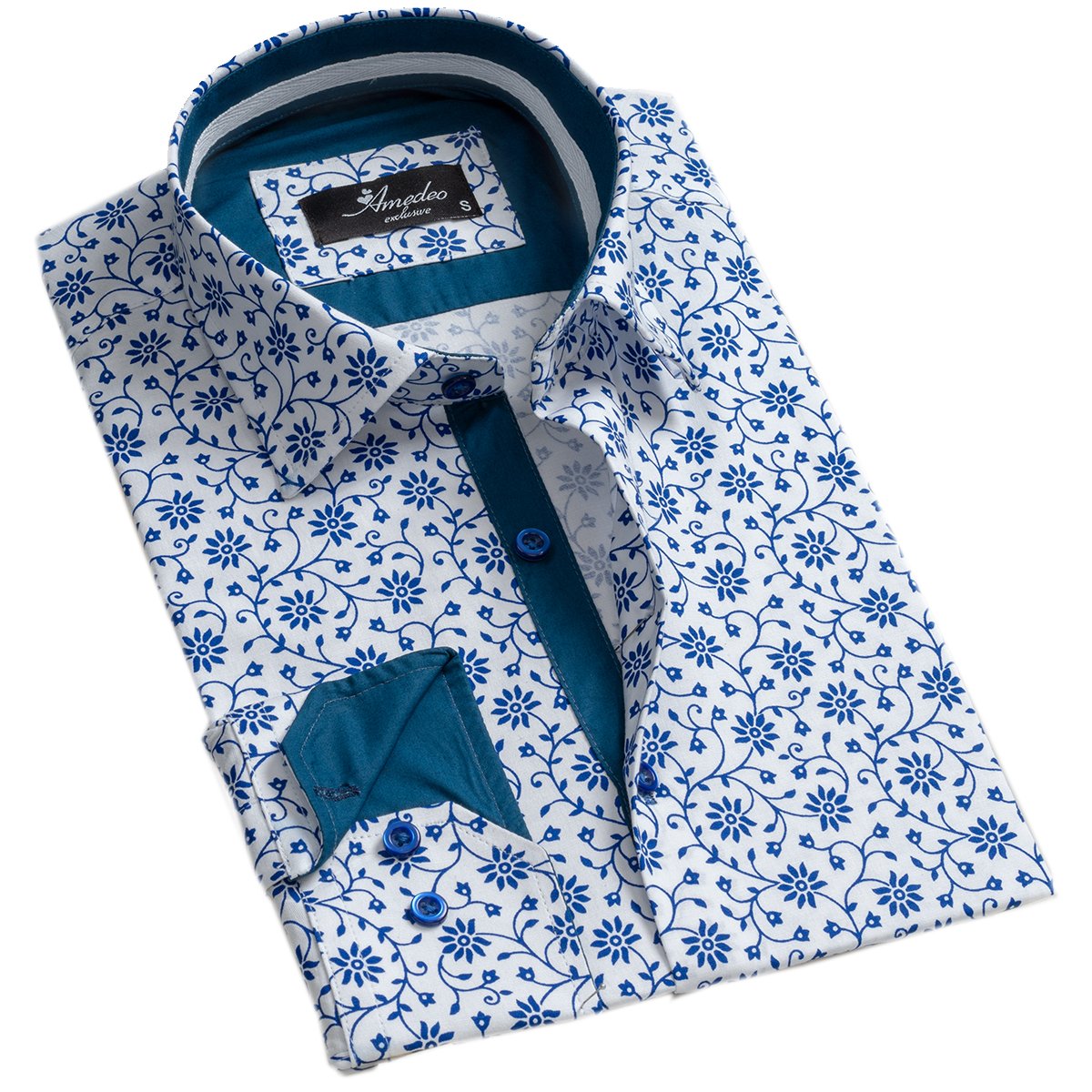 Dosering acre cafe White Blue Floral Mens Slim Fit Designer Dress Shirt - tailored Cotton –  Amedeo Exclusive