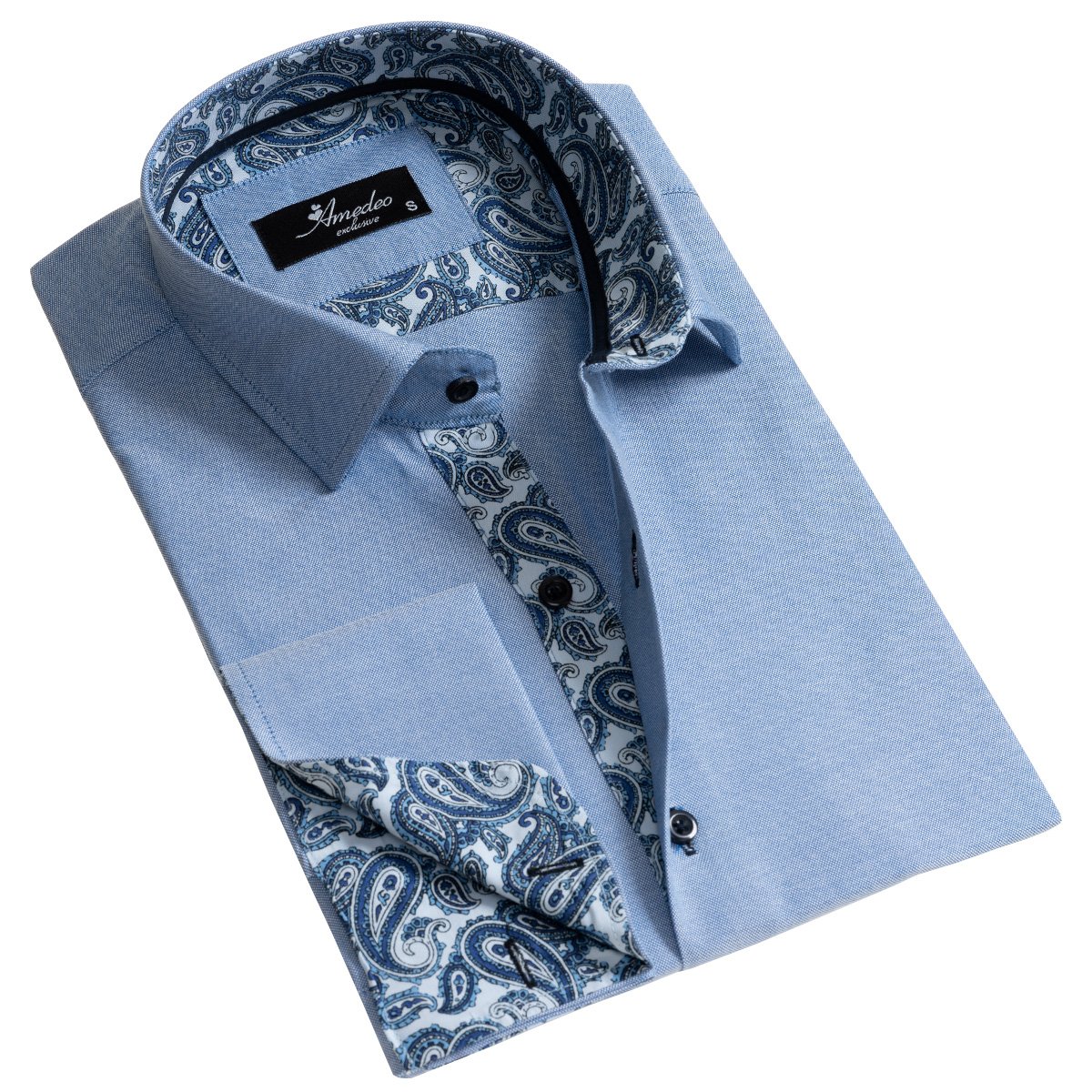 Blue Men's Slim Fit French Cuff Dress Shirts with Cufflink Holes - Casual  and Formal
