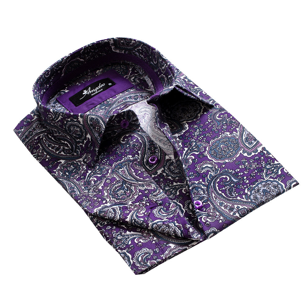 Purple Paisley Design Mens Slim Fit French Cuff Dress Shirts with Cufflink Holes
