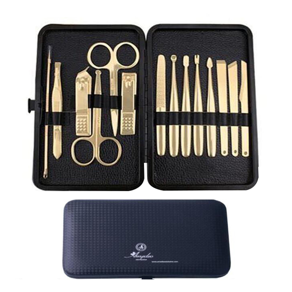 Golden Plated Mens Manicure Pedicure Kit - 14 piece Grooming Kit with Amedeo Exclusive