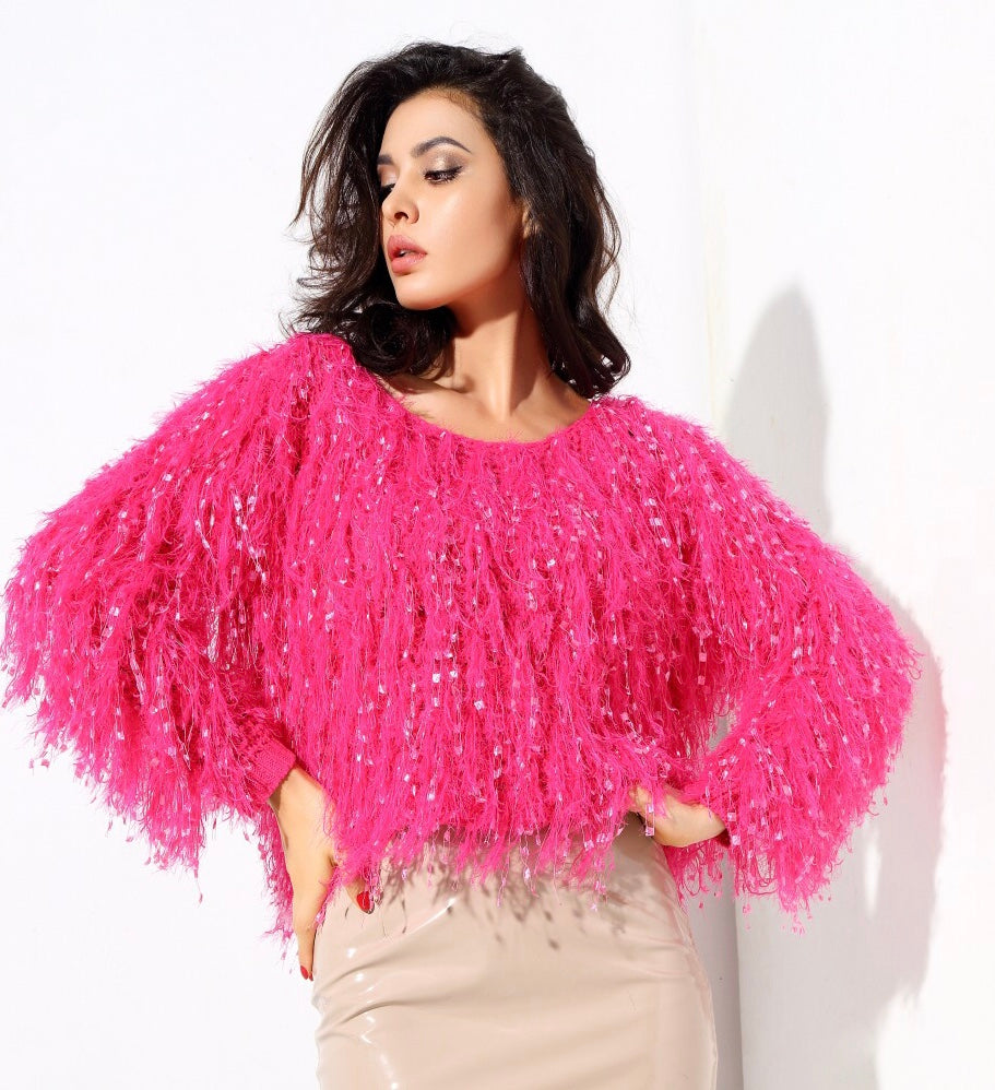 hot pink fringe sweater