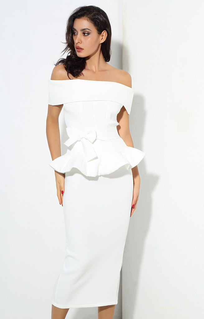 white bardot peplum midi dress