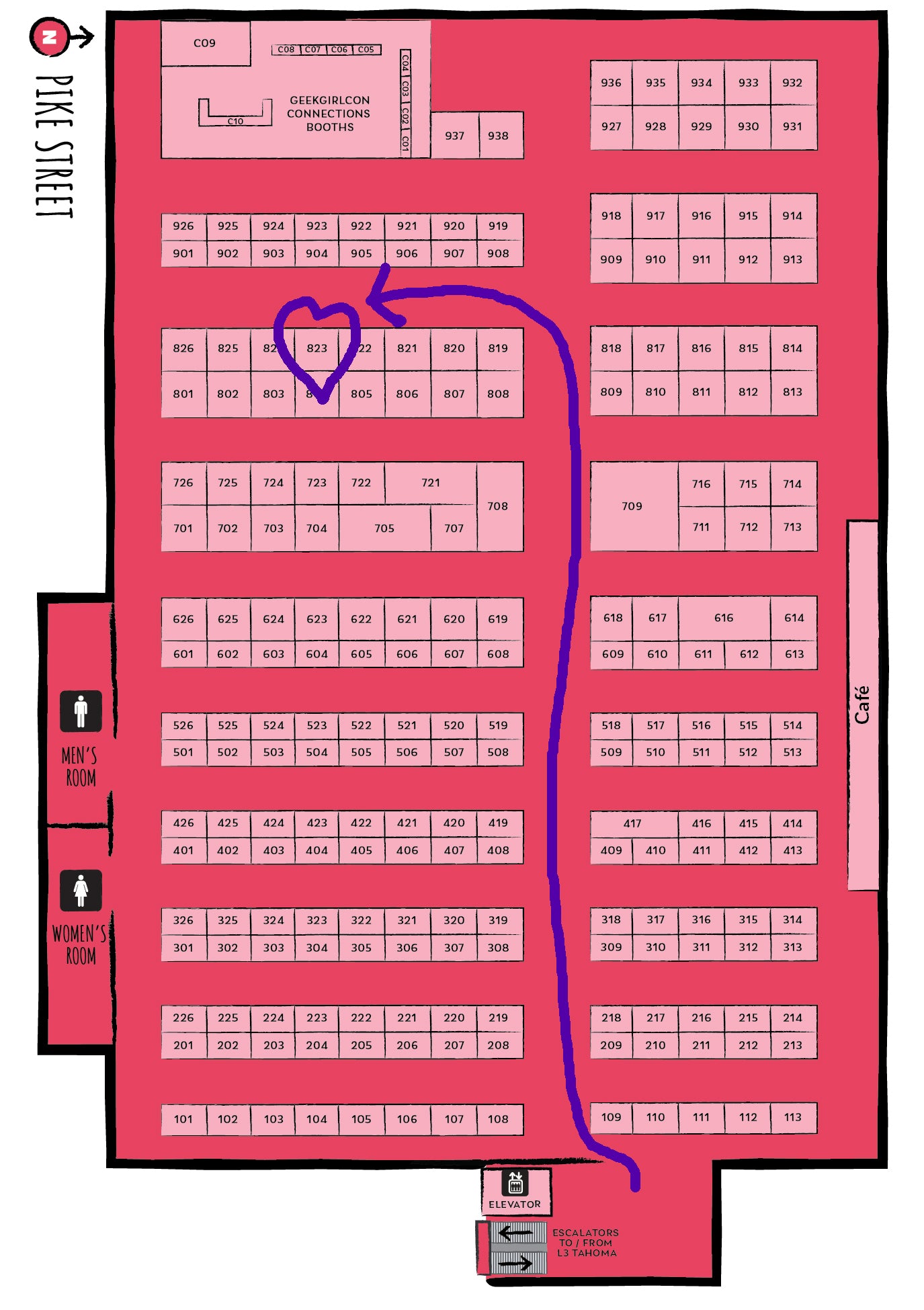 The GeekGirlCon 2019 exhibitor hall map with a purple arrow showing the path to the LuvCherie Jewelry booth #823. The booth is circled with a purple heart.