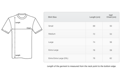 Sizing Guide for 'In Eddie We Trust' men's rugby t-shirt